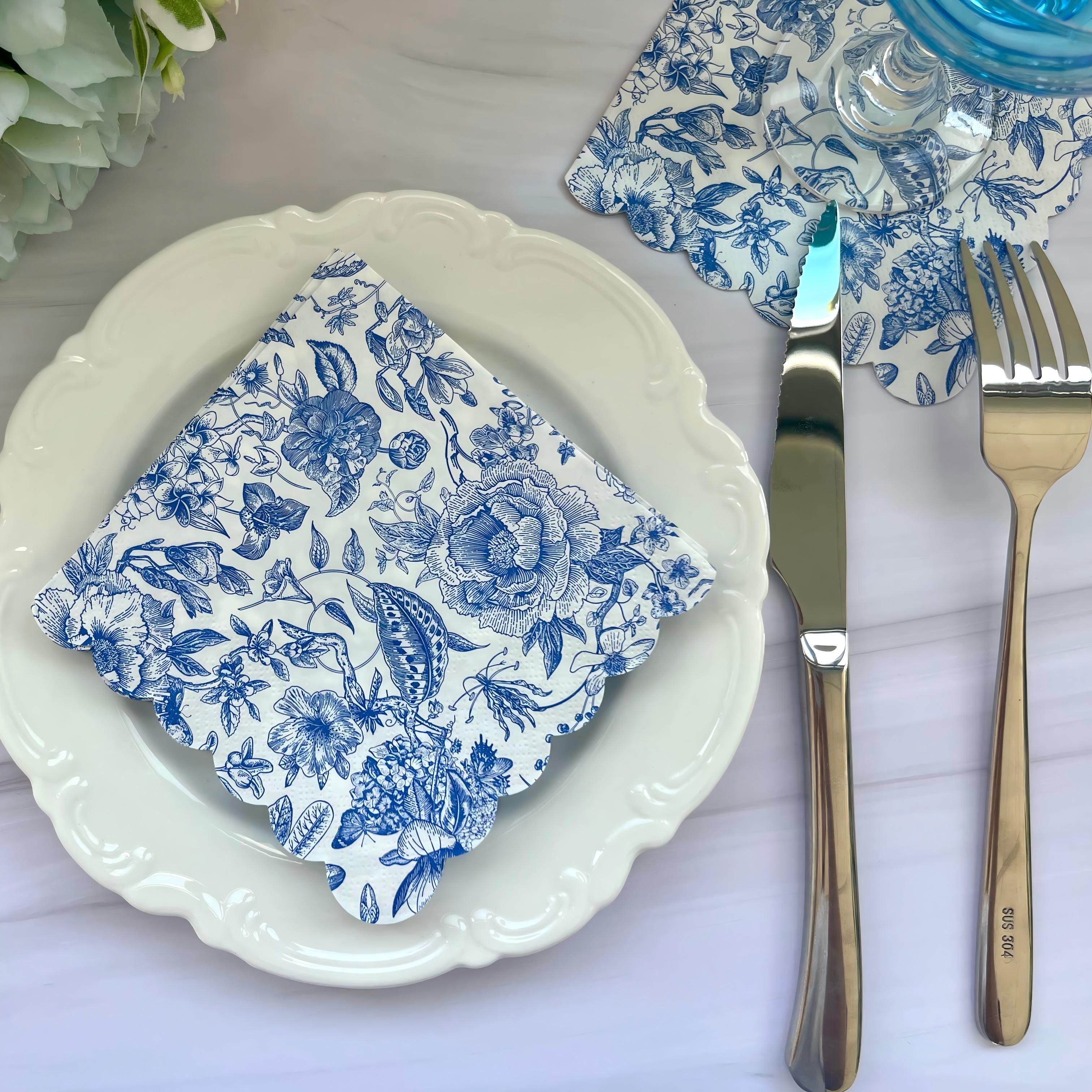 Siniset kukkapaperiset lautasliinat Vintage Flower -lounaslautasliinat