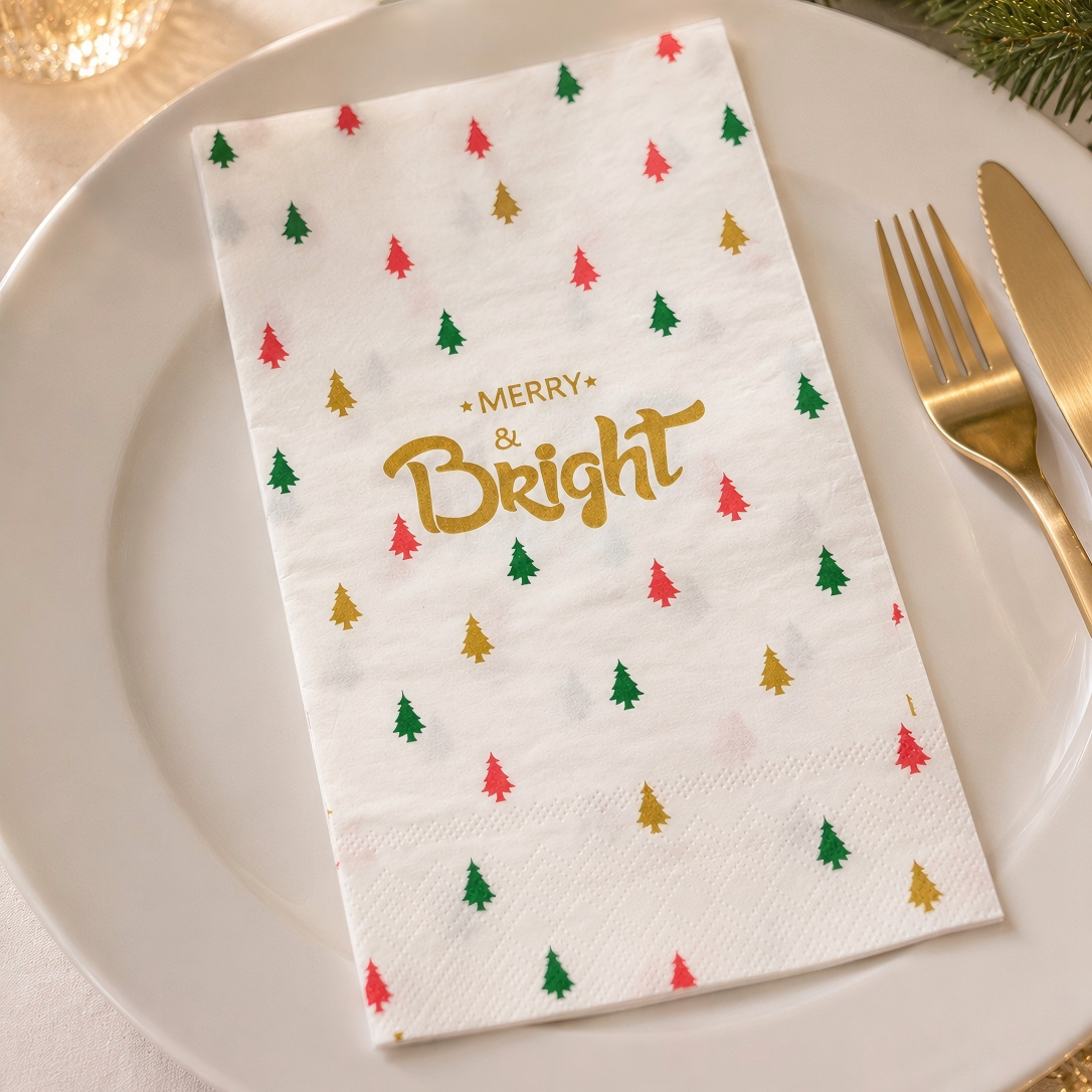 Merry & Bright Gold Printing Kertakäyttöiset illallislautasliinat joulujuhlapöytään